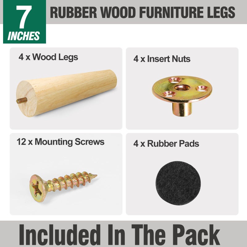 FoDau770 Rubber Wood Furniture Legs 7 Inches, Straight Tapered Wood Feet Mid Century Sofa Legs Set of 4, 5/16"" UNC Furniture Feet Replacement Parts for Cabinet Couch Dresser Chair Ottoman Table - Image 2